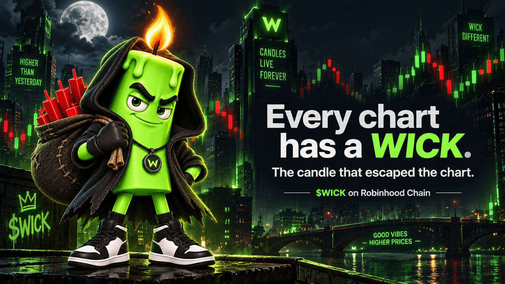 WICK standing on a rooftop in a neon green city at night