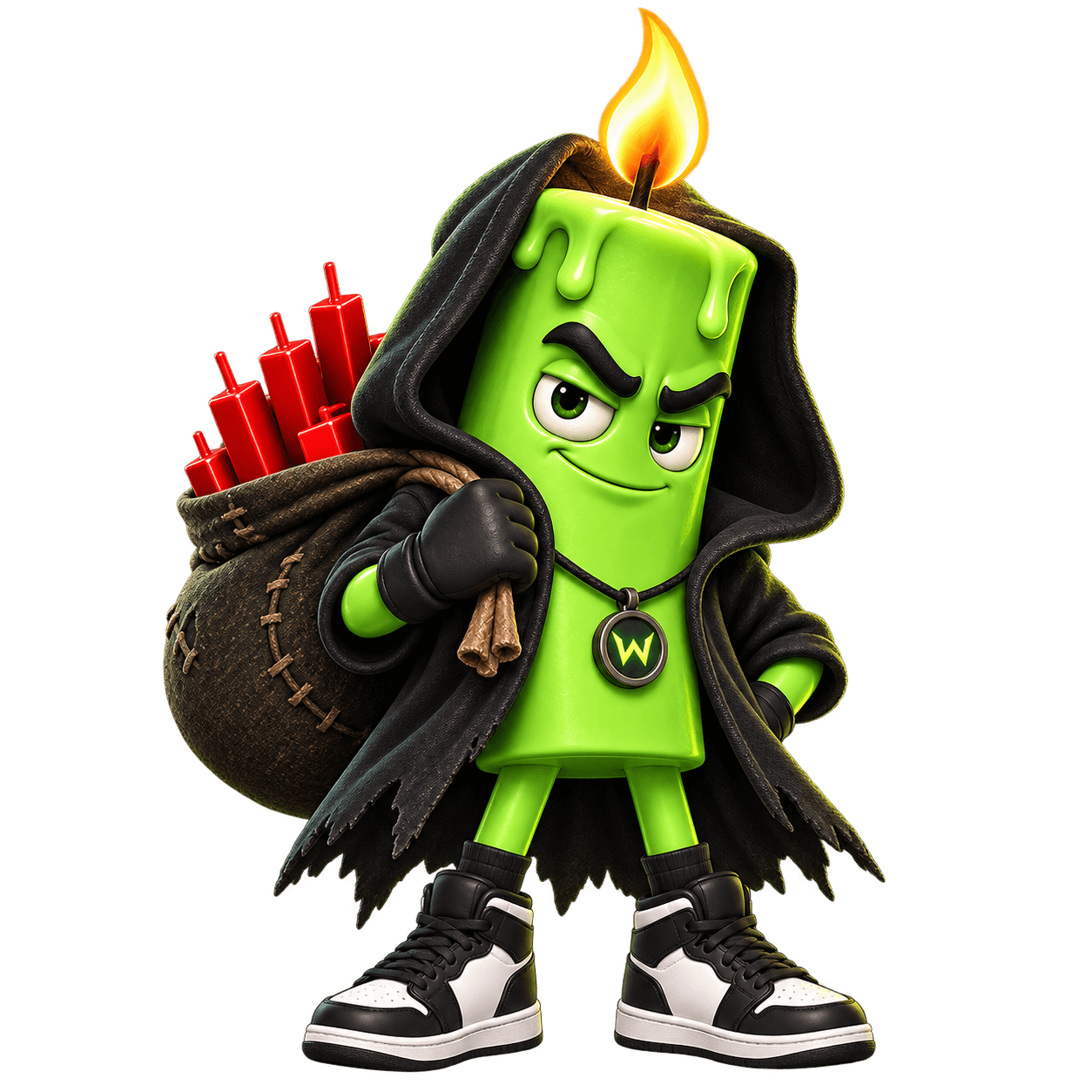 WICK, a green candlestick character in a black hood carrying a sack of stolen red candles